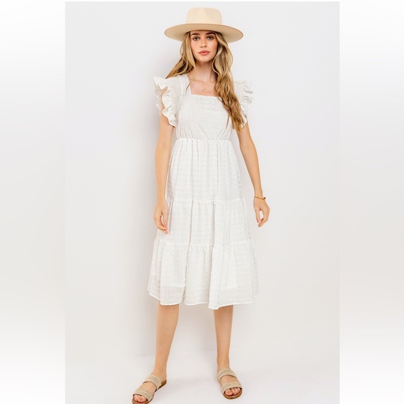 • White Midi Dress • Ruffle Sleeves • - Picture 1 of 6